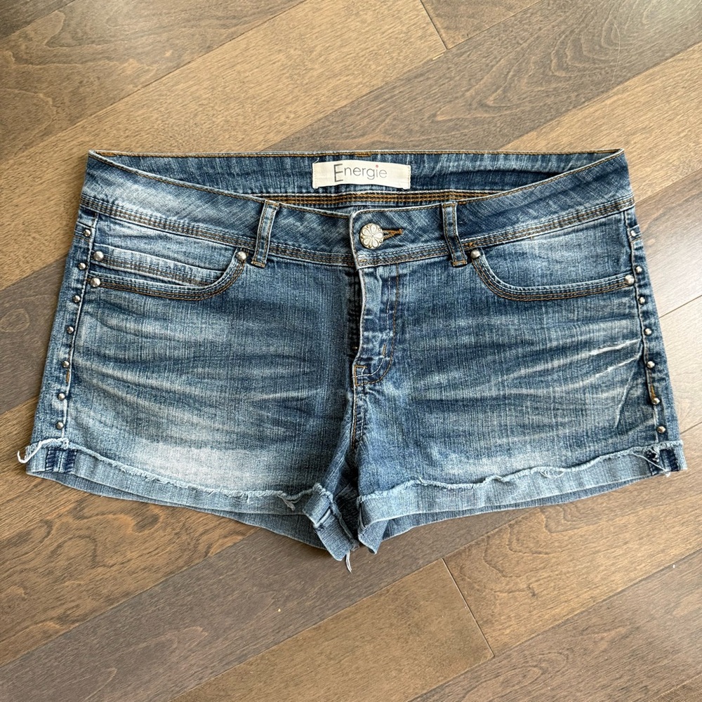 Energie Women's Studded Faded Blue Denim Shorts